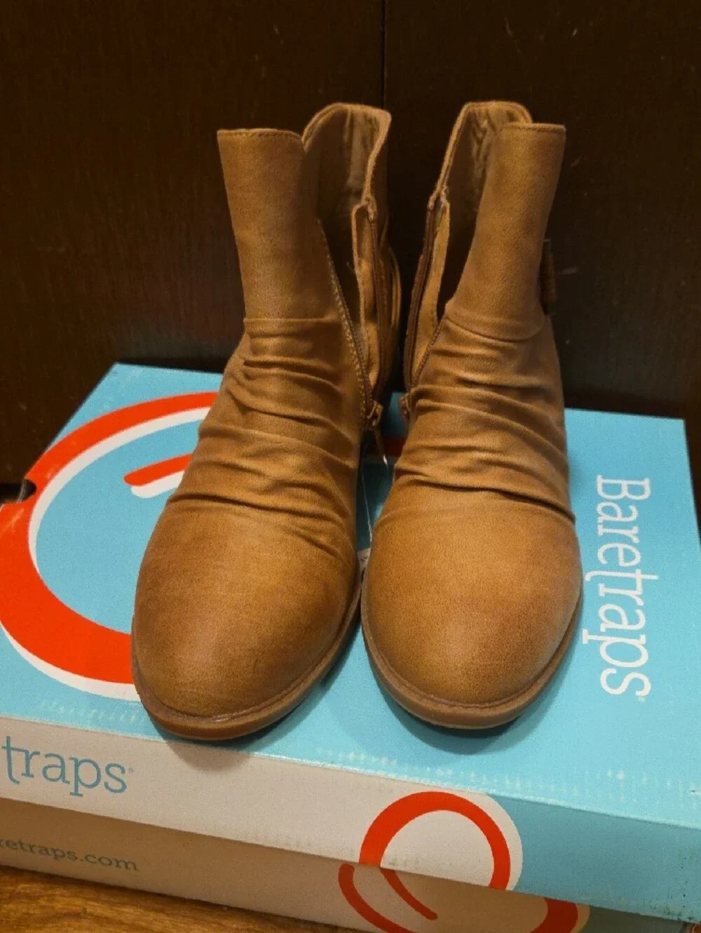 BareTraps Women's Cognac Tan Ruched Ankle Booties